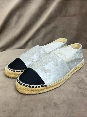 CHANEL Silver Leather Espadrilles with Black Cap Toe